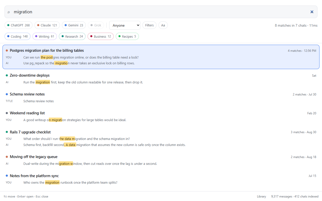 ChatShelf search results showing matches highlighted across ChatGPT, Claude, Gemini and Grok conversations