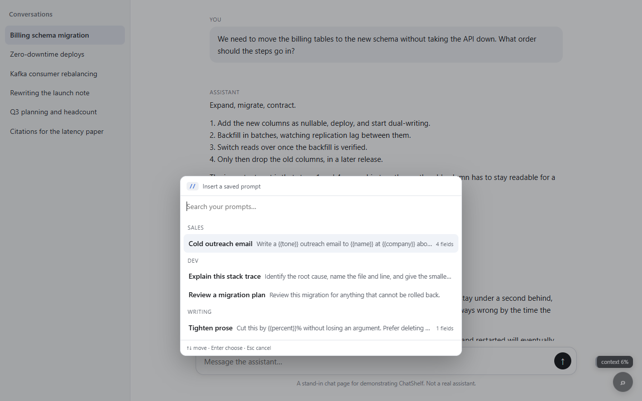 The prompt picker opened by typing two slashes in a chat message box, showing saved prompts grouped by category