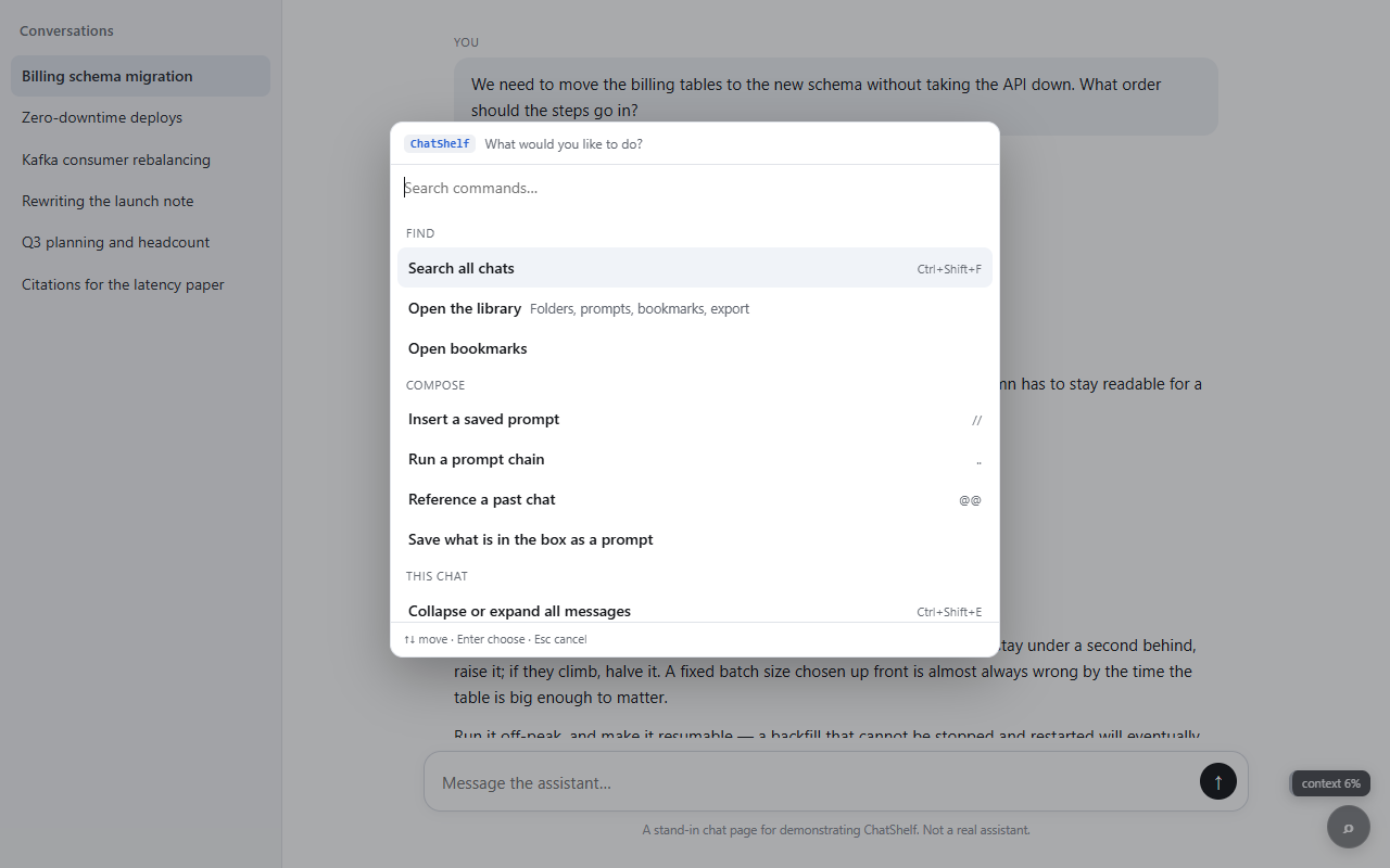 The ChatShelf command palette opened over a chat, listing searchable commands grouped by category