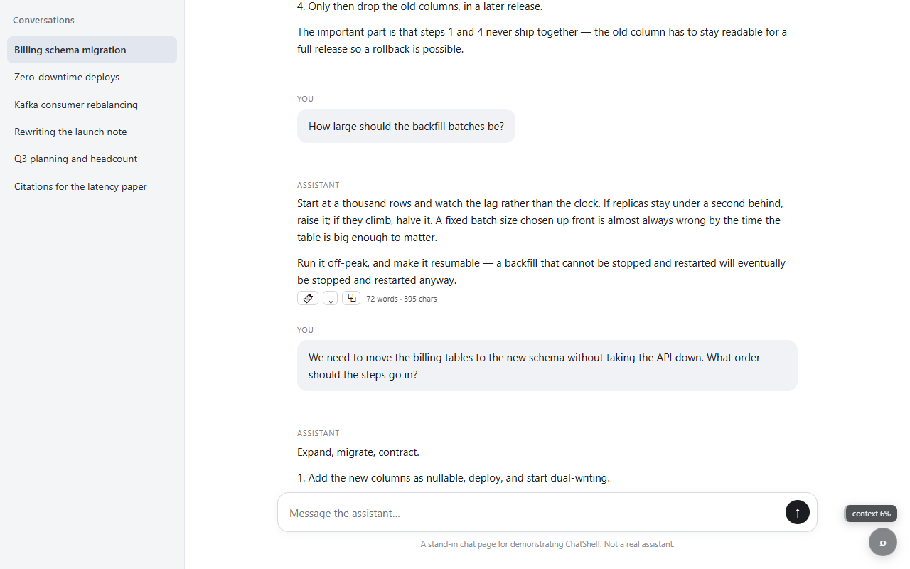 A chat message with bookmark, collapse and copy controls visible, and a context-window meter in the corner